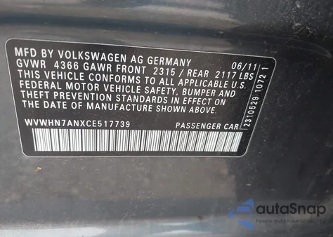 2012 Volkswagen Cc Lux Plus z USA, uszkodzony, nr VIN WVWHN7ANXCE517739